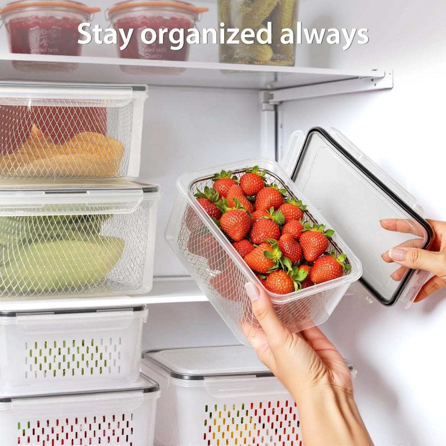 5 PCS Large Fruit Containers for Fridge - Leakproof Food Storage Containers with Removable Colander - Dishwasher & microwave safe Produce Containers Keep Fruits, Vegetables, Berry, Meat Fresh longer