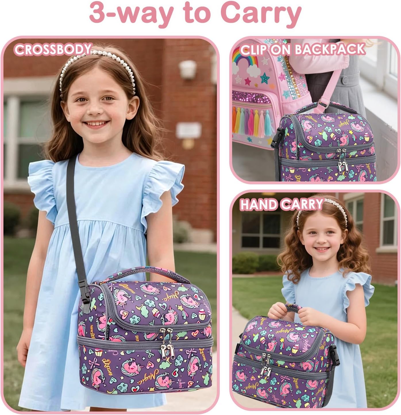 FlowFly Kids Double Decker Cooler Insulated Lunch Bag Large Tote for Boys, Girls, Men, Women, With Adjustable Strap, Unicorn