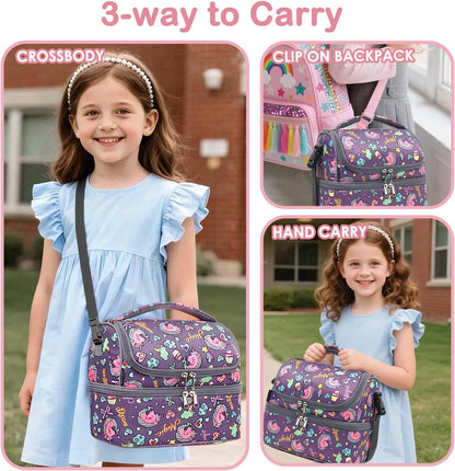 FlowFly Kids Double Decker Cooler Insulated Lunch Bag Large Tote for Boys, Girls, Men, Women, With Adjustable Strap, Unicorn