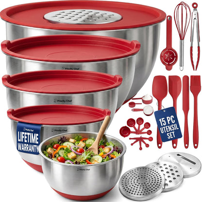 Priority Chef Stainless Steel Mixing Bowls with Lids Set, Metal Nesting Bowls with Airtight Lids, Graters, Non-Slip Base & Measurement Marks, Includes Utensil Set for Prep, Baking & Storage, Black