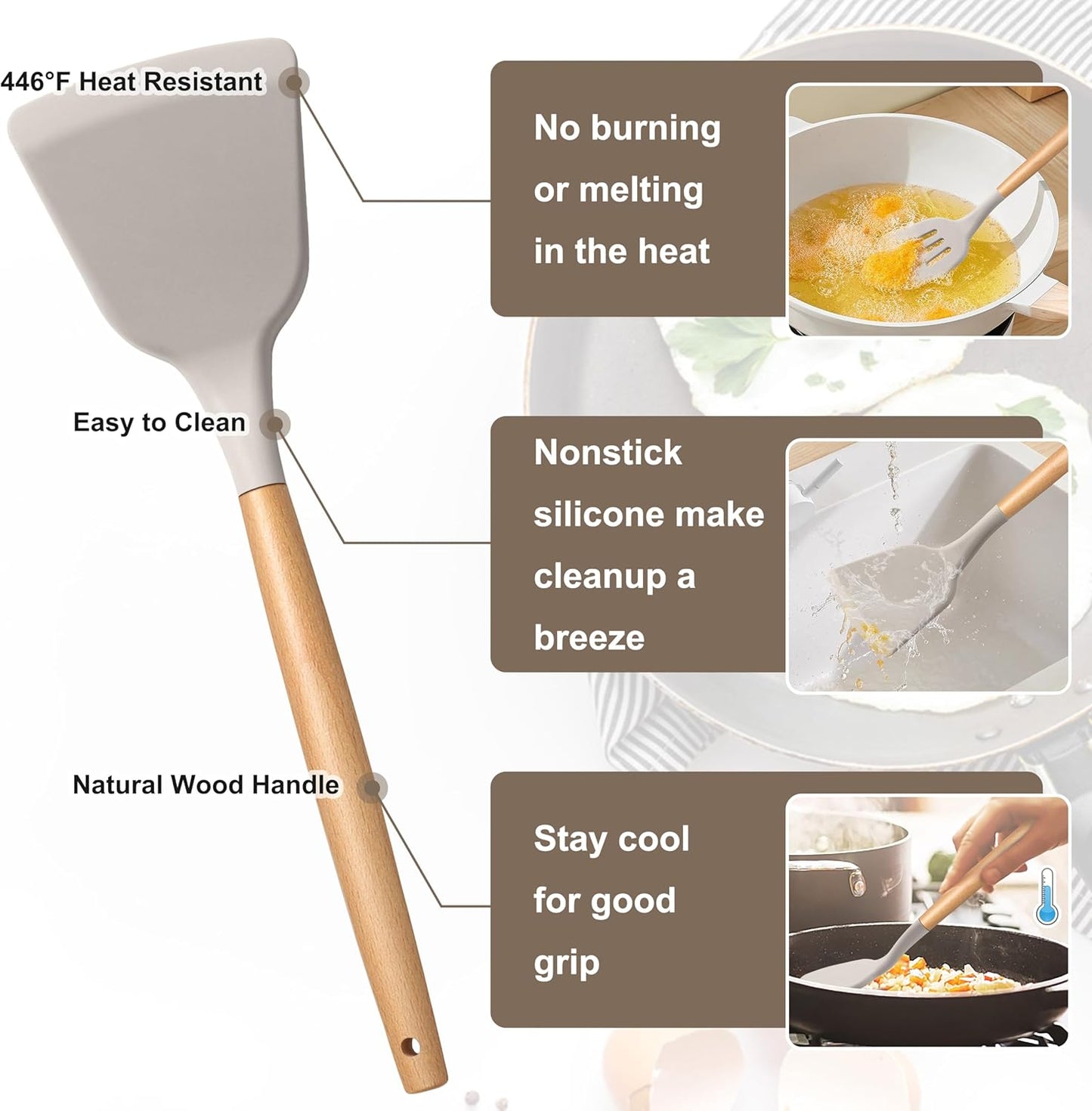 E-far Silicone Cooking Utensils Set, 5-Piece Kitchen Utensils Set with Wooden Handle for Cooking, Silicone Kitchen Nonstick Tools Spatula Turner Slotted Spoons, Nontoxic & Heat Resistant-Khaki
