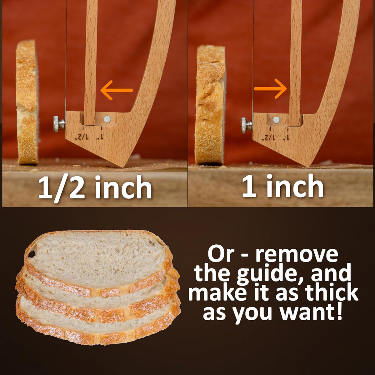 Adjustable Bread Knife for Homemade Bread with 1/2" and 1" Thickness Guides