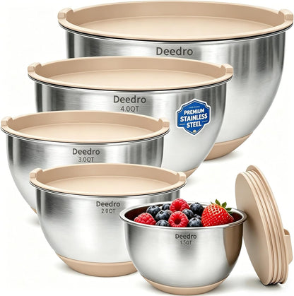 Deedro Premium Mixing Bowls with Airtight Lids Set, 22Pcs Thicker Stainless Steel Mixing Bowl Set, Large Prep Metal Bowls, Non-Slip Silicone Base Nesting Bowls for Kitchen, 1.5/2/3/4/5 QT, Black