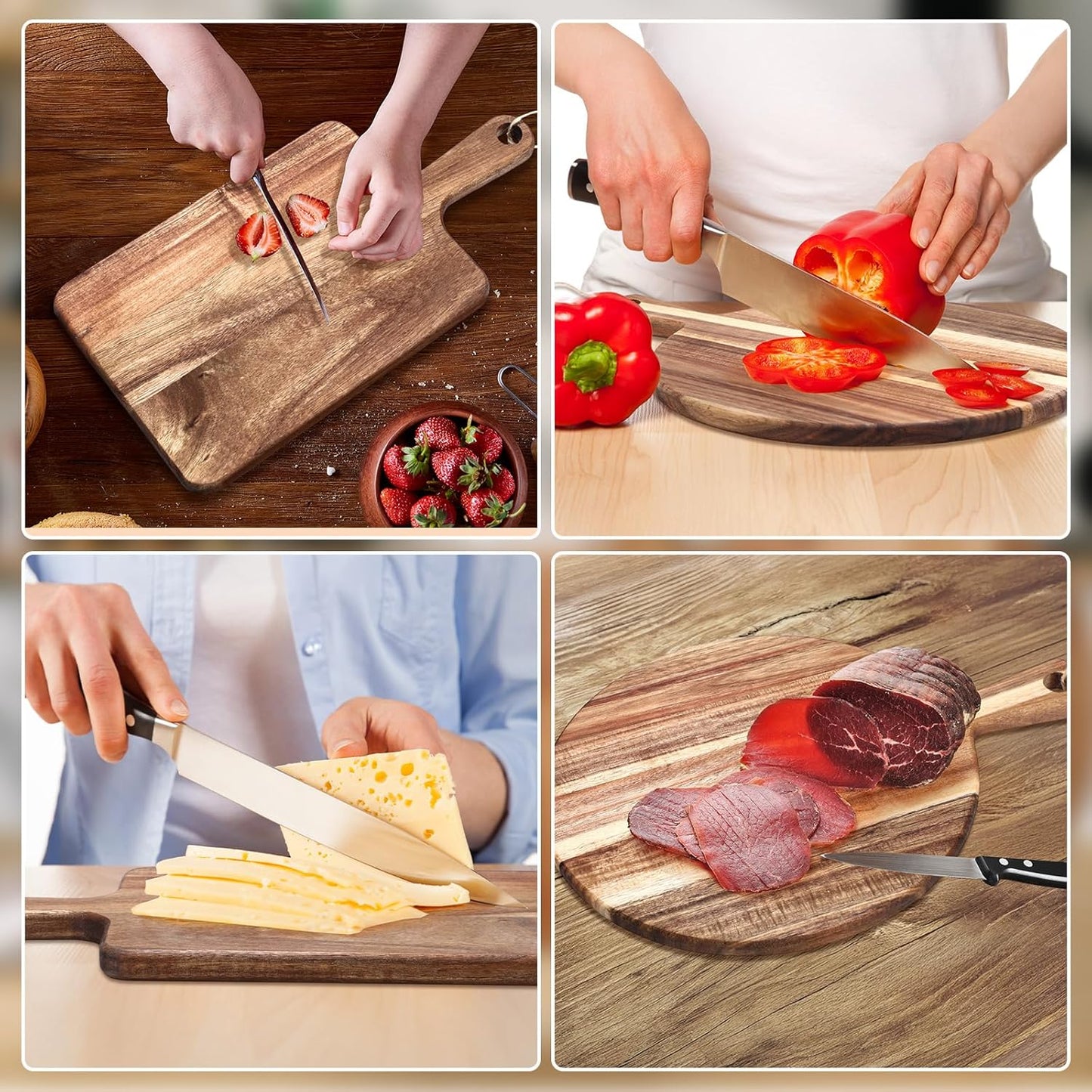 Hsei 2 Pcs Acacia Wood Cutting Board with Handle Wooden Charcuterie Board Large Paddle Carving Chopping Set Butter Serving Tray for Cheese Meat Fruit Pizza Bread(Vintage Style, 16x12, 17x13 Inch)