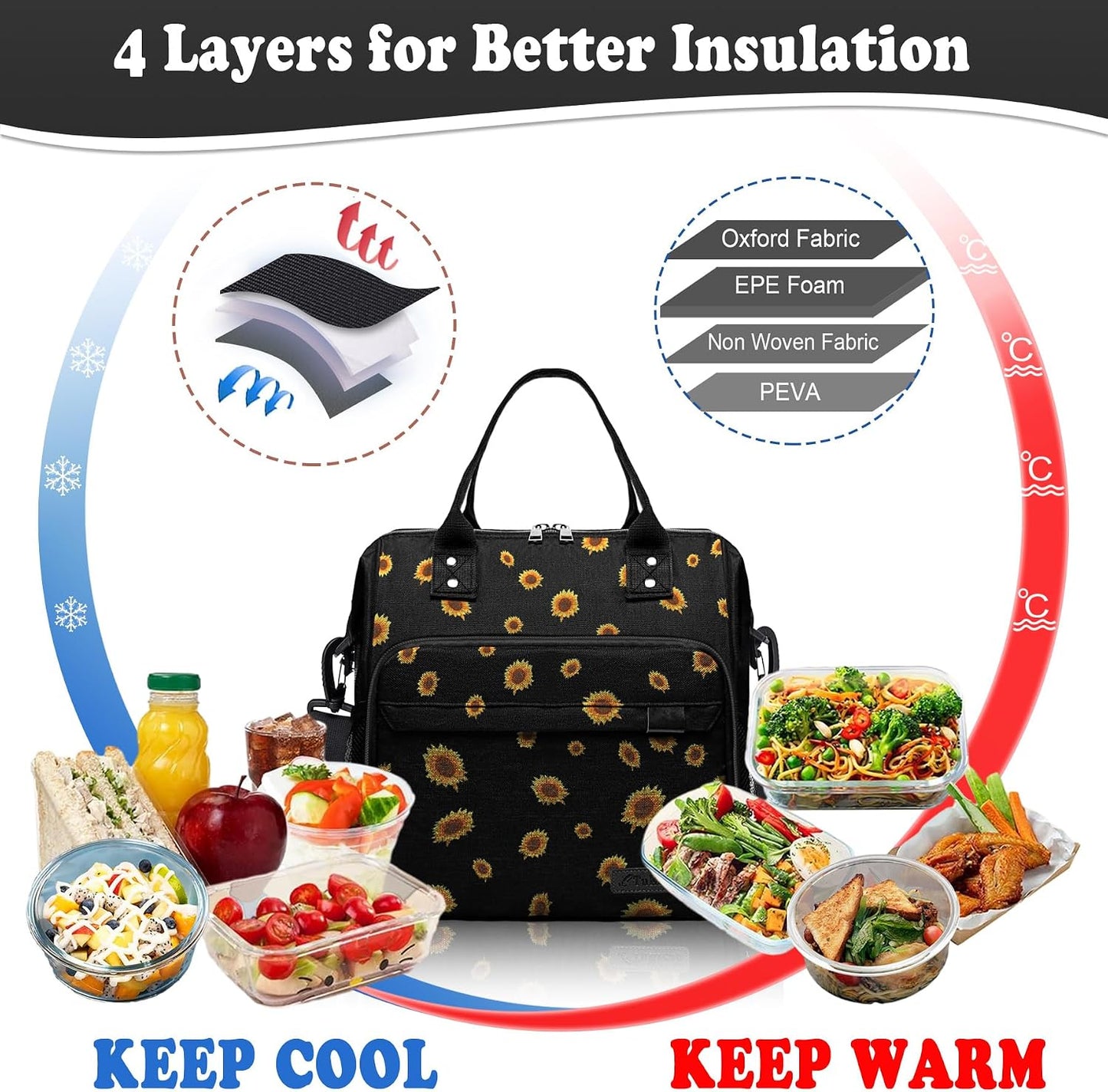 TuErCao Small Lunch Bag Lightweight Insulated Lunch Box for Women Work Portable Soft Cooler for Picnic Travel Road Trips, Loncheras para Mujer, Black
