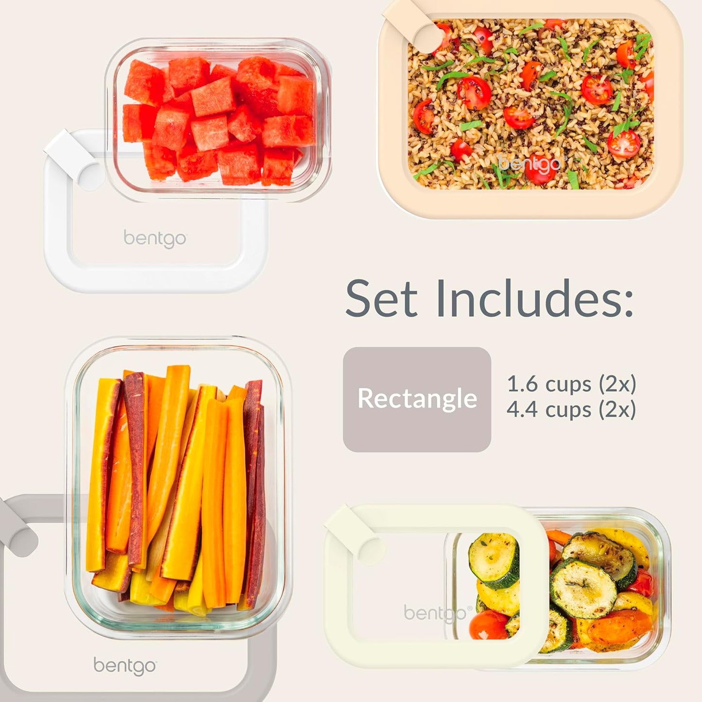Bentgo Signature Leak-Proof Glass Food Storage - 4-Piece Set, 1-Compartment Plastic-Free Containers with Airtight Glass Lids, BPA-Free, Microwave, Freezer, Oven & Dishwasher Safe (White Stone)