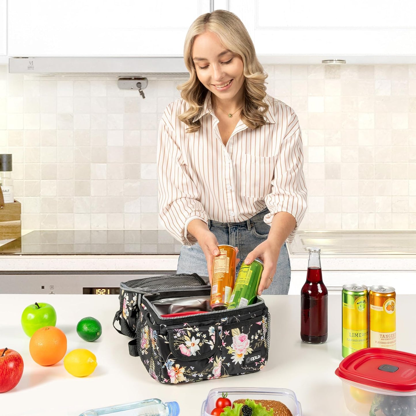 opux Insulated Lunch Bag Women Men, Dual Compartment Leakproof Lunch Box Adults Kids, Double Decker Meal Prep Bento Lunch Cooler Tote with Shoulder Strap for Work Office School Travel, Floral Purple