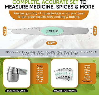 Spring Chef Magnetic Measuring Cups & Spoons Set, Patented, Strong N45 Magnets, Heavy Duty Stainless Steel Fits in Spice Jars for Baking & Cooking, BPA Free, Round Set of 15 with Leveler, Black