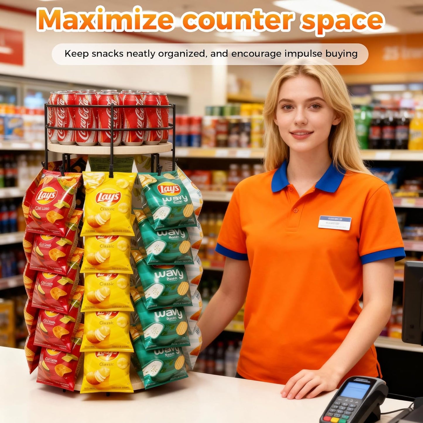 Liaakrr 360° Rotating Snack Display Stand with Secure Top Tier, Holds Drinks & Chips, 5-Tier 40-Clip Countertop Organizer for Party, Kitchen, Store-Beige