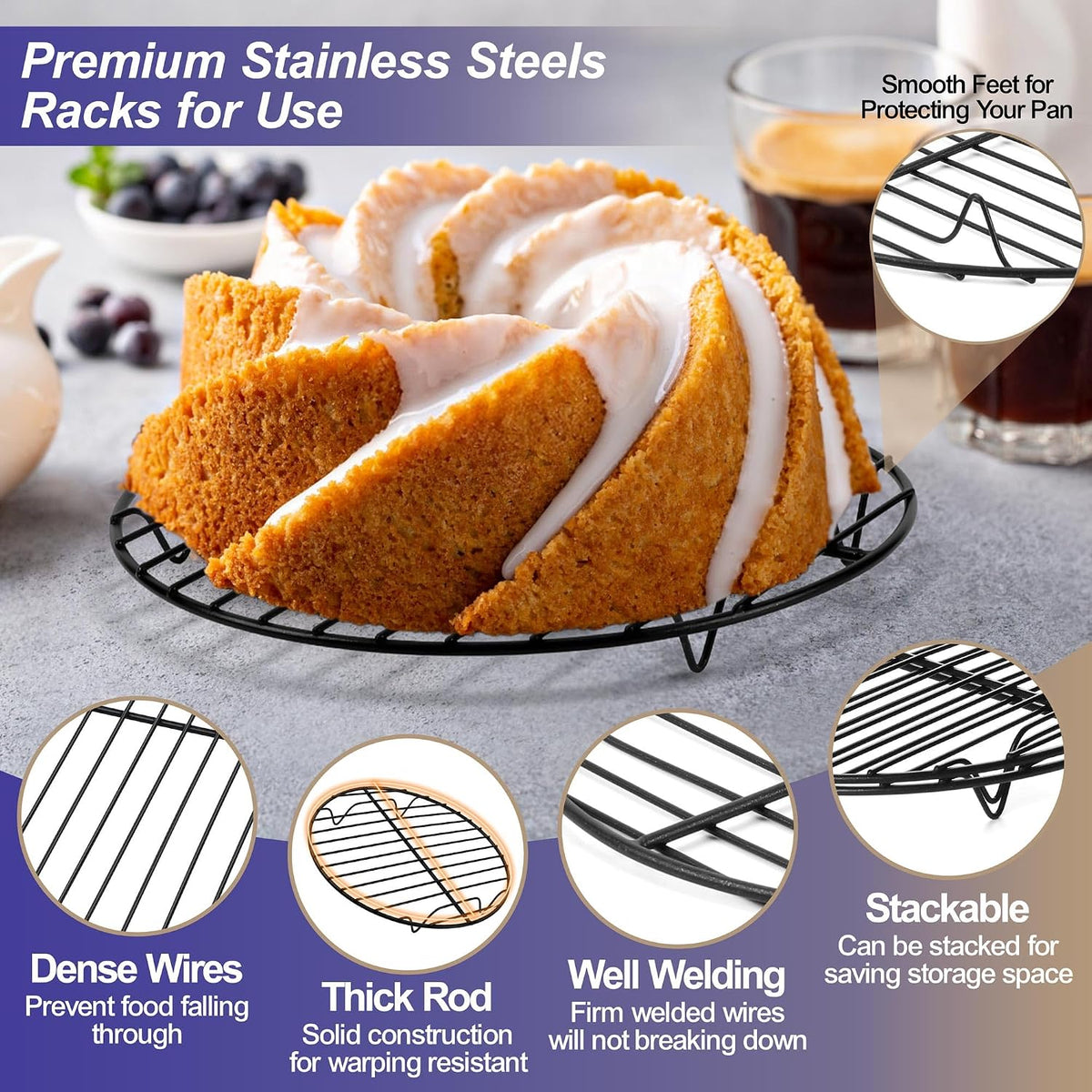 P&P CHEF 9 Inch Cooking Rack Round for Steaming Cooling, Silver, 2 Pack