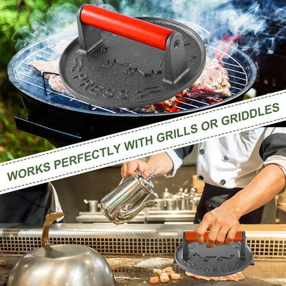 Cast Iron Burger Press, 7.2 inch Round, Wood Handle