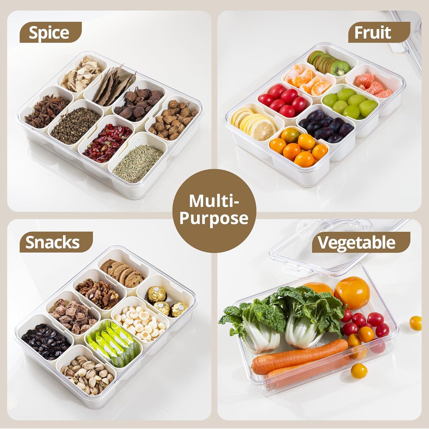 2 Pack Snackle Box Container with 8 Compartments, Clear Divided Serving Tray with Lid and Handle, Snack Bento Box for Charcuterie, Candy, Fruits, Nuts, Picnic, Travel, Beige