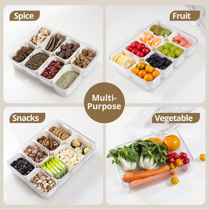 2 Pack Snackle Box Container with 8 Compartments, Clear Divided Serving Tray with Lid and Handle, Snack Bento Box for Charcuterie, Candy, Fruits, Nuts, Picnic, Travel, Beige