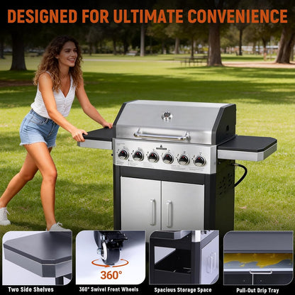 Redlife 3 Burner Propane Gas Grill, 30,000 BTU Outdoor BBQ Grill with Cast Iron Cooking Grates, Stainless Steel Warming Rack, Built-in Thermometer, Side Shelves, Removable Grease Tray, Yellow