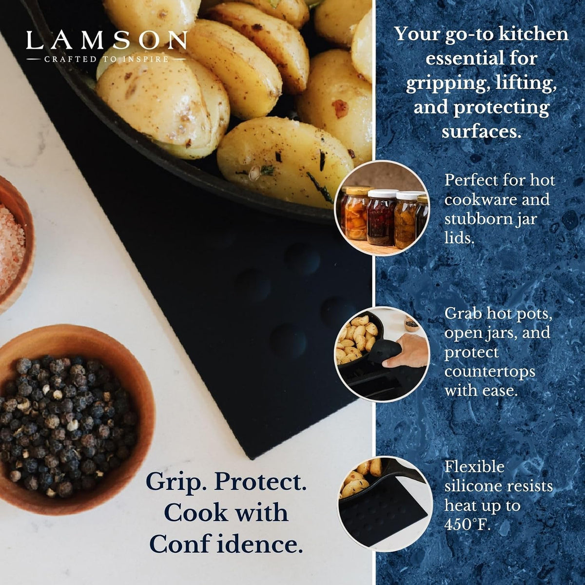 Lamson Silicone Pot Holder, 7x7 in Heat Resistant Trivet, Black