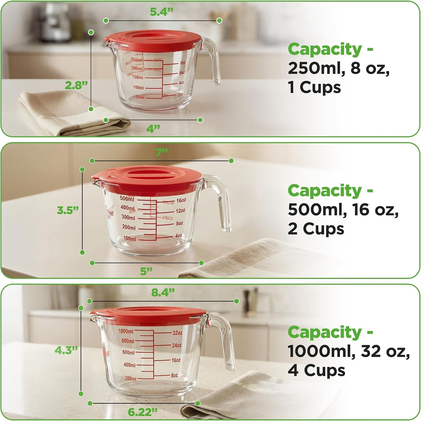 NutriChef 1,2 and 4 Cups Glass Measuring Cup Set with Lids (8, 17 and 34 oz) - Heat-Resistant Borosilicate Liquid Measure Cups with Easy-Read Scale for Cooking, Baking & Food Storage, Dishwasher Safe