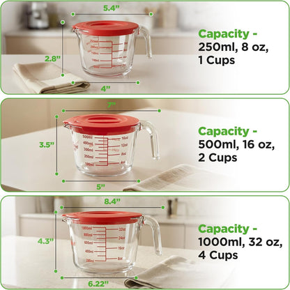 NutriChef 1,2 and 4 Cups Glass Measuring Cup Set with Lids (8, 17 and 34 oz) - Heat-Resistant Borosilicate Liquid Measure Cups with Easy-Read Scale for Cooking, Baking & Food Storage, Dishwasher Safe