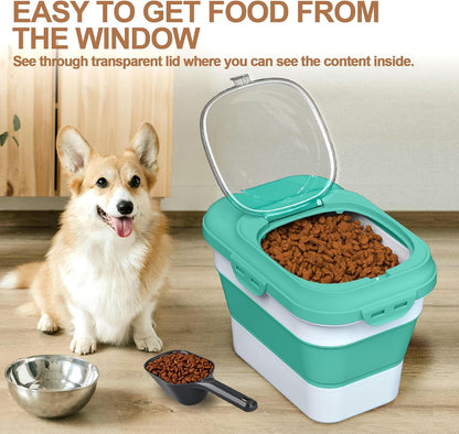TIOVERY Dog Food Storage Container, 10lb to 13lb Collapsible Dog Cat Food Containers with Airtight Clear Flip-top and Pet Food Scoop, Pet Food Storage Container Bin for Dog Cat Bird Other Pets (Green)