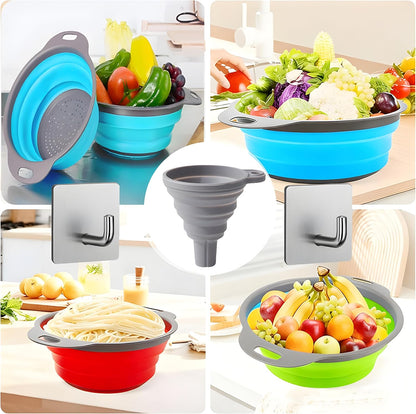UVB Collapsible Colander Set, Space-Saving Foldable Kitchen Strainer for Pasta, Vegetables & Fruit, Colander for Kitchen with 2 Stainless Steel Hooks & Silicone Funnel – Blue