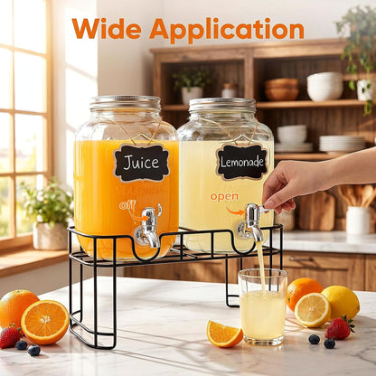 Accguan 1-Gallon Drink Dispenser,Glass Water Dispenser with Tin Lid and Stainless steel faucet,Black Iron Frame,Mason Drink Dispenser for Parties, Picnics, Barbecues and Daily,2 pack