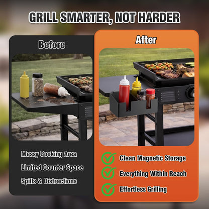 Hohean Barbecue Tool Set Magnetic Bottle Holder, Compatible with Blackstone Griddle, Elevated Magnet Base, No Melting, Heat Resistant Dual Slot Squeeze Bottle & Beverage Holder for BBQ Accessories