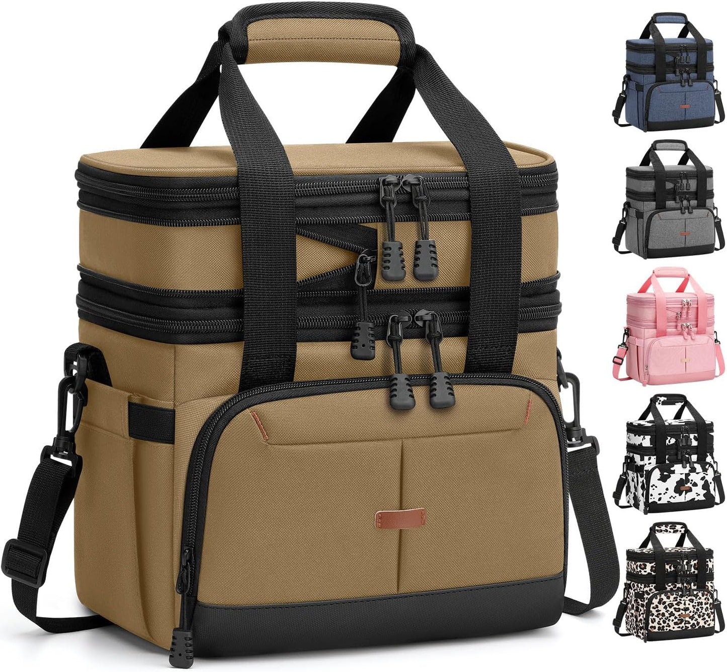 Pritent Lunch Box For Men Women Double Deck Insulated Lunch Bag For Men Woman Leakproof Expandable Cooler Bag with Adjustable Shoulder Strap for Kids Shool Work Picnic Camping(Beige,Large)