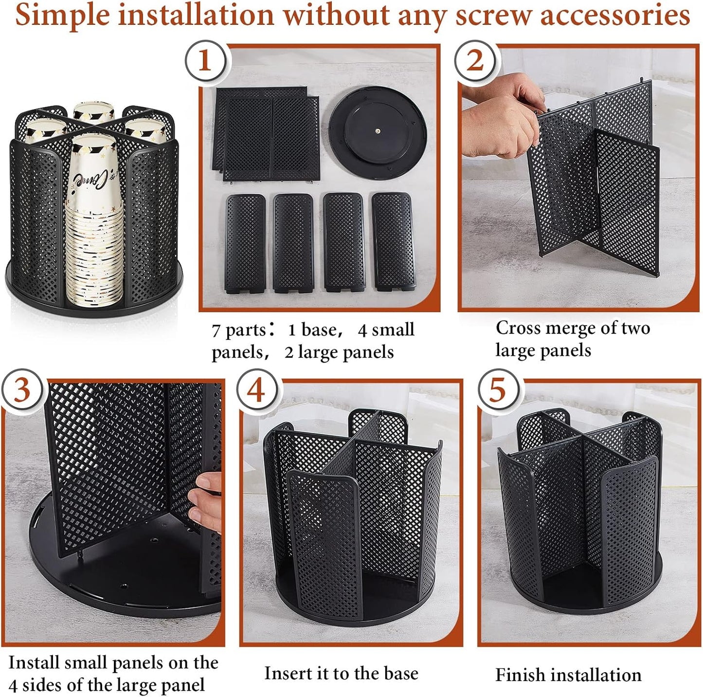 Hoolerry 2 Pcs Cup and Lid Organizer, 360° Rotatable Coffee Cup Holder for Disposable Plastic and Paper of 5 to 16 oz, Dispenser with 4 Compartments for Countertop Coffee Station Office Bar(Black)