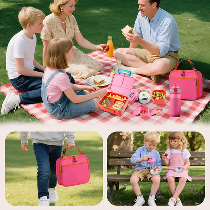 Bento Lunch Box for Kids with Thermo, Leakproof Bento Box with 8oz Insulated Food Jar, Insulated Bottle, Lunch Bag, BPA Free Dishwasher Safe 4 Compartment Container for School Girls Boys (Pink)