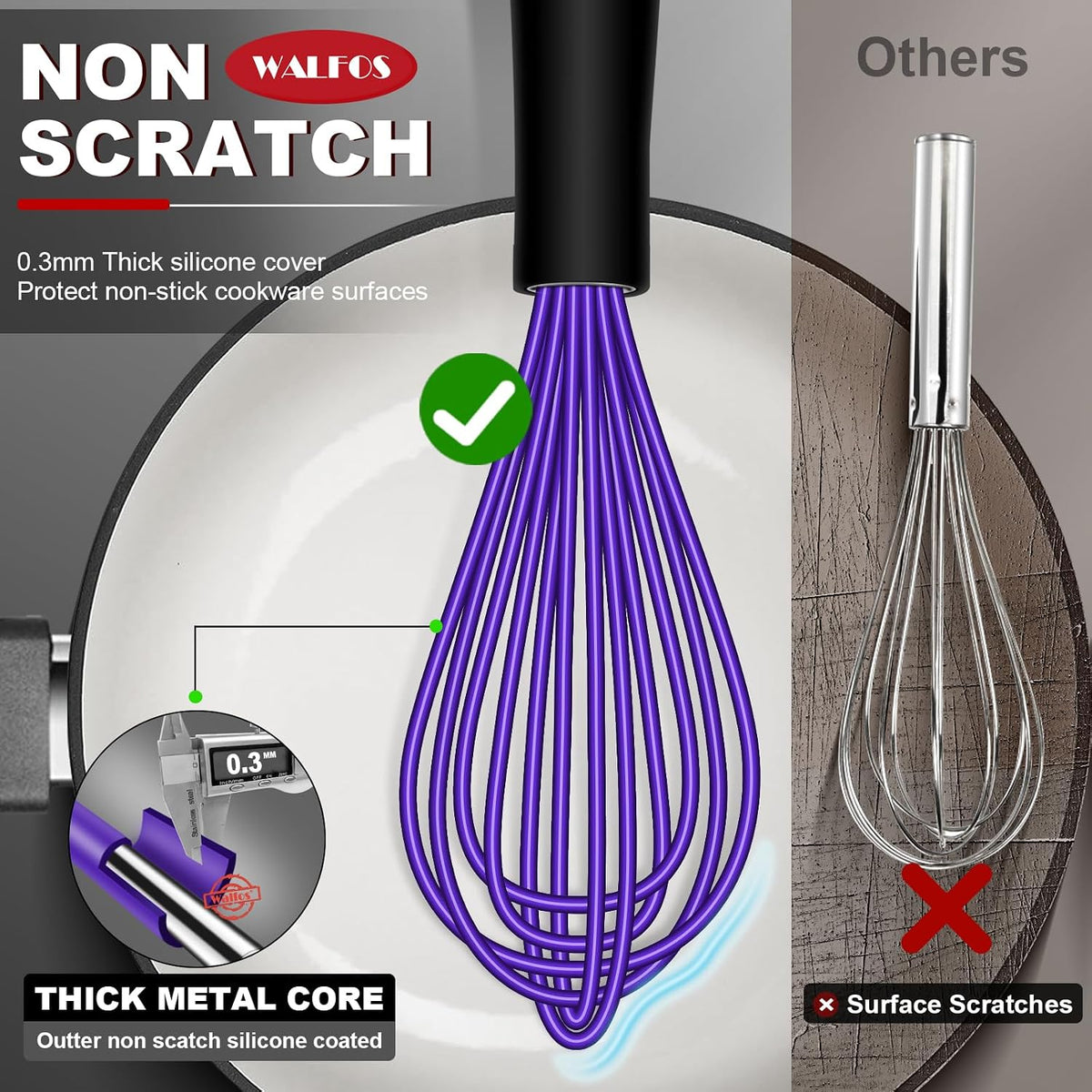 Walfos Silicone whisk,Whisks for Cooking Non Scratch, BPA Free whisk set of 4, 7+9+11in Balloon Whisks & 11in Flat Whisk, Heat Resistant(480°F).Great for Cooking in Pans, Baking, Whisking.Blue
