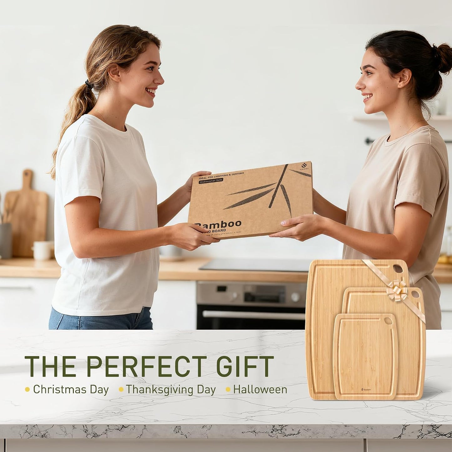 Lightweight Durable Bamboo Cutting Board Set with Non-Slip Feet, Wood Cutting Board for Busy Kitchen, Easy Clean Wooden Chopping Boards with Juice Groove Best House Warming Gift Set of 3 (S+M+L)