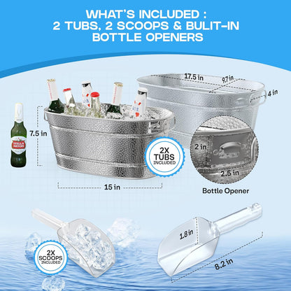 2 Pack Galvanized Tub with Handles - Beverage Tub with 2 Ice Scoops, 3 Gallon Ice Bucket for Parties, Metal Drink Buckets for Parties for Champagne Cocktails Wine Cooling for Mimosa Bar Supplies