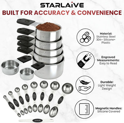 Magnetic Measuring Cups and Spoons Set of 16, 304 Stainless Steel with Multicolor Silicone Handles, 7 Cups, 8 Double-Sided Spoons and Leveler, Laser-Engraved, Stackable, Dishwasher Safe for Baking