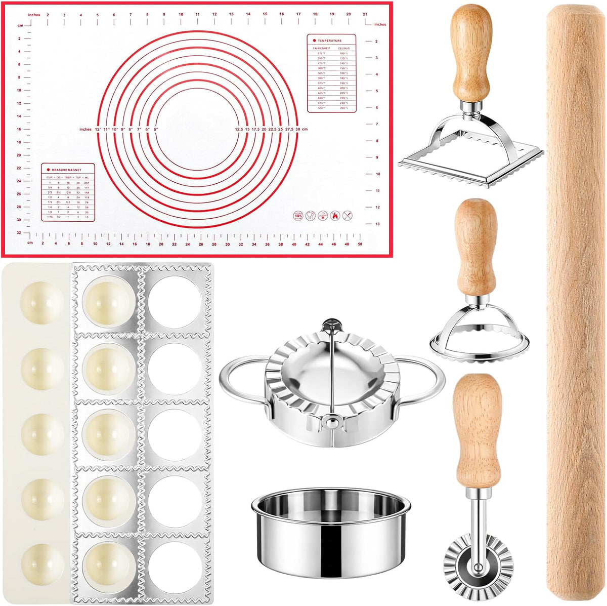 8 Pcs Ravioli Maker Set, 10-hole Mold & Stainless Steel Cutters