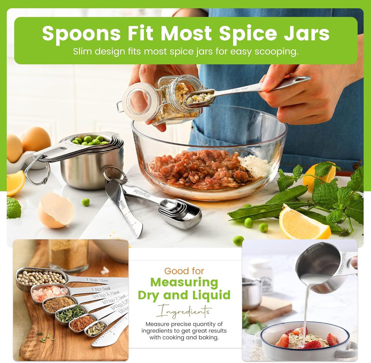 Spring Chef Stainless Steel Measuring Cups and Spoons Set of 14 with Leveler, Nesting Kitchen Metal Measuring Cups and Spoons Set for Dry and Liquid Ingredients, Perfect for Cooking & Baking