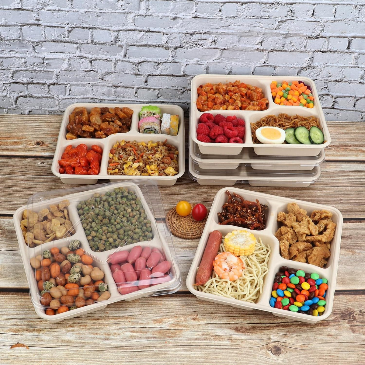 23 oz 3 Compartments disposable plates with Lids Plant Fiber 50 Pack