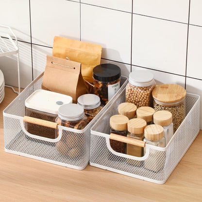 Rtteri 4 Pack White Metal Wire Basket with Wood Handle 2 Size Large Metal Mesh Basket Stackable Wire Storage Bin for Pantry Food Snacks Storage Kitchen Organizing