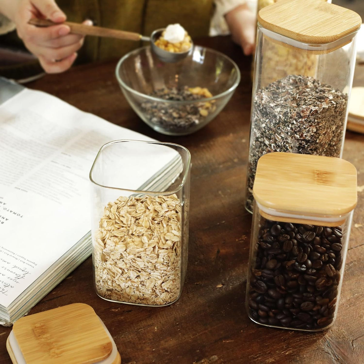 LIBWYS 12-Pack Square Glass Storage Jars with Bamboo Lids (0.6Qt/1.06Qt) - Stackable Food Containers for Pantry Organization, Coffee, Flour, Snacks, Tea | Kitchen Canisters Set