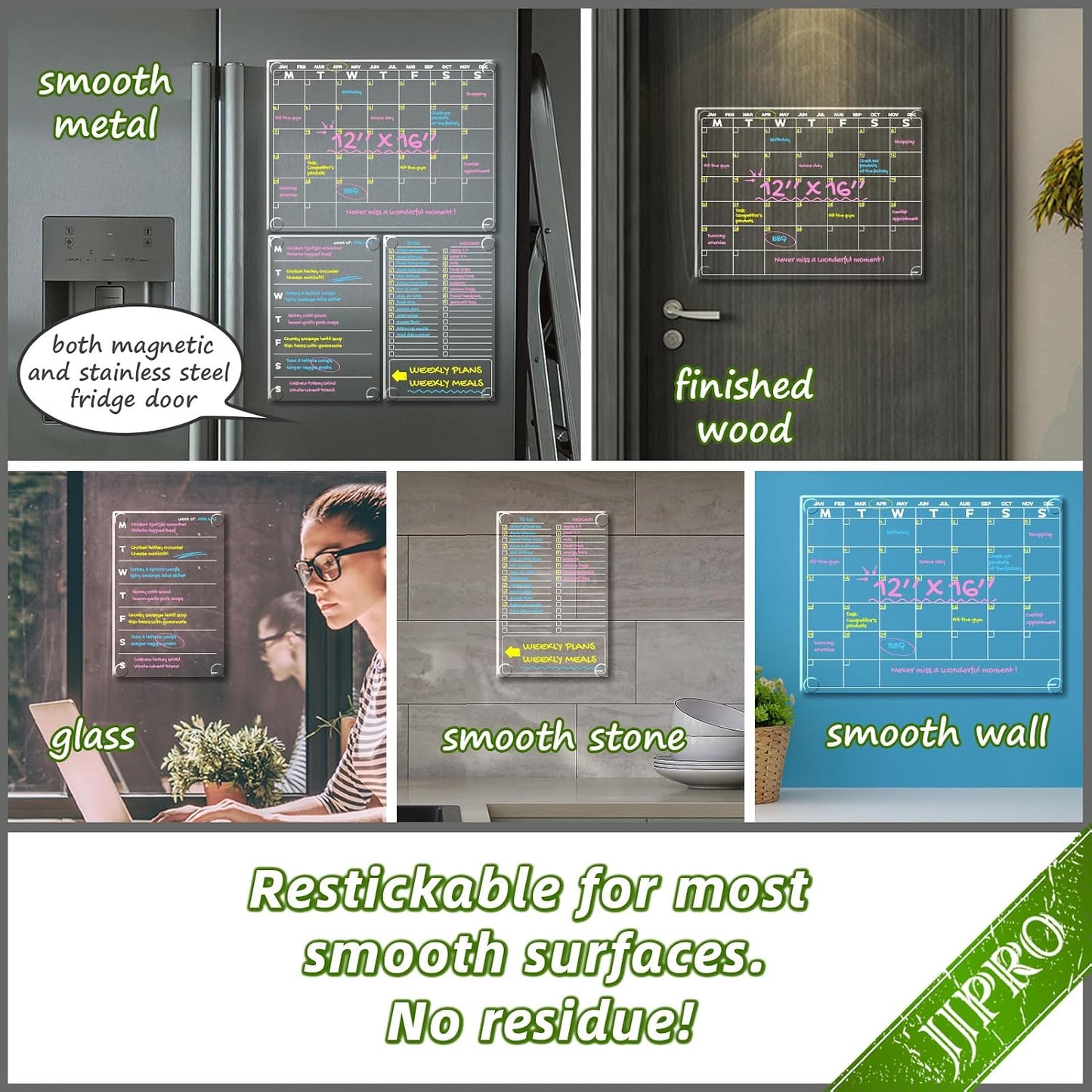 JJPRO Non-Magnetic Dry Erase Calendar for Fridge, Clear Monthly Calendar, Weekly Daily Meal Board Bundle -Starts Sunday,12"x16" Clear Reusable Calendar Stick to Fridge,Wall, All Smooth Surfaces