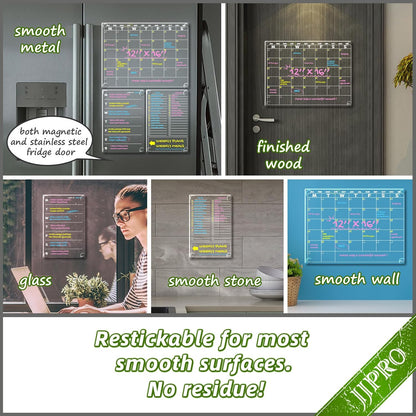 JJPRO Non-Magnetic Dry Erase Calendar for Fridge, Clear Monthly Calendar, Weekly Daily Meal Board Bundle -Starts Sunday,12"x16" Clear Reusable Calendar Stick to Fridge,Wall, All Smooth Surfaces