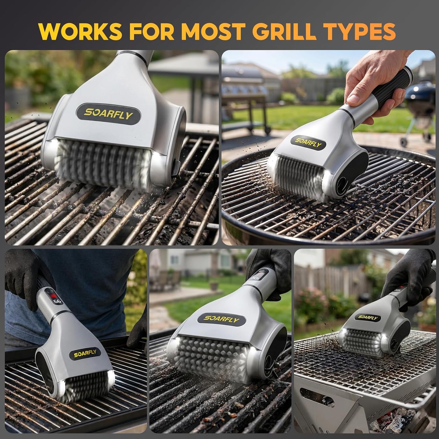SOARFLY Electric BBQ Grill Brush, 800RPM Grill Cleaner for Outdoor Grill with 2-Speed & 20kg Torque–Last 3.5H, Dual LED Light for Night, No Bristle Drop Safe for Cast Iron Stainless, Gifts for Men Dad