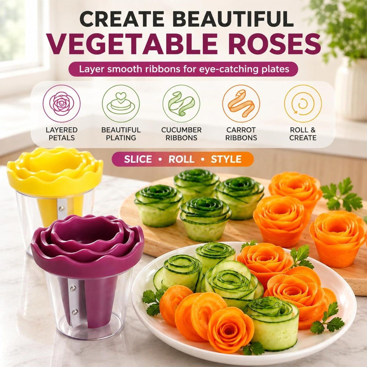Vegetable Spiralizer and Curler, 2 Pack Rose Slicer for Carrot & Cucumber