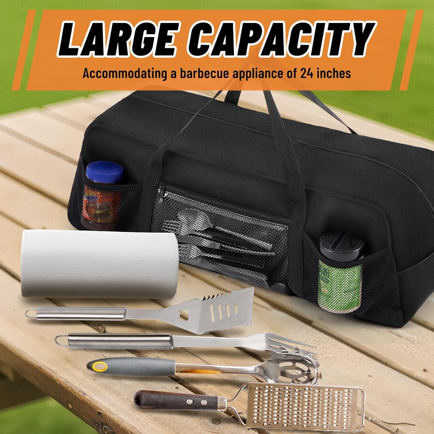24" Grill Tool Storage Bag, Heavy Duty Waterproof BBQ Tools Bag, 24" x 8" x 8", Large Grill Utensil Storage Caddy with Pockets, BBQ Accessories for Outdoor Barbecue, Camping, Hiking(Green)