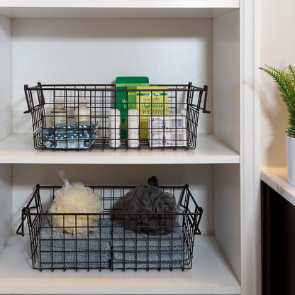 Home-Complete 2 pcs Medium Stackable Wire Baskets, 16"x12" Organizer Stacking Storage Bins for Shelf, Pantry, Kitchen, Cabinets, can also be used in Chest Freezers (Brown)