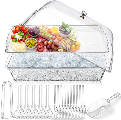 Baderke 16" x 9" Chilled Serving Tray for Parties with lids Compartments Ice Chilled Party Platter Charcuterie Serving Board Cold Dish Dip with Tongs for Fruit Seafood Vegetable (Dark Wood)