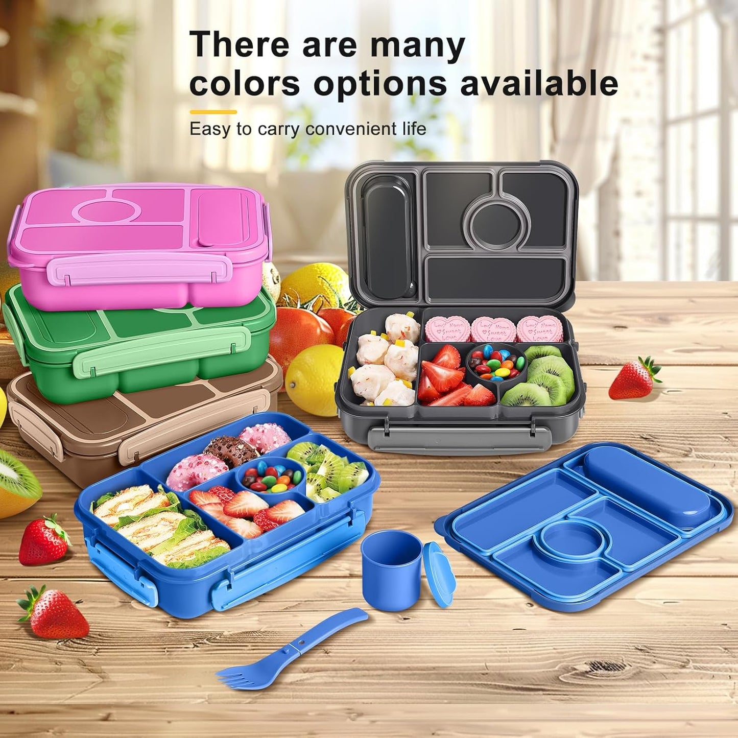 Amathley Bento Box Adult Lunch Box Kids,Lunch Containers for Adults/Kids/Toddler,5 Compartments Bento Lunch Box with Sauce Vontainers,Microwave & Dishwasher & Freezer Safe,BPA-Free (Blue)