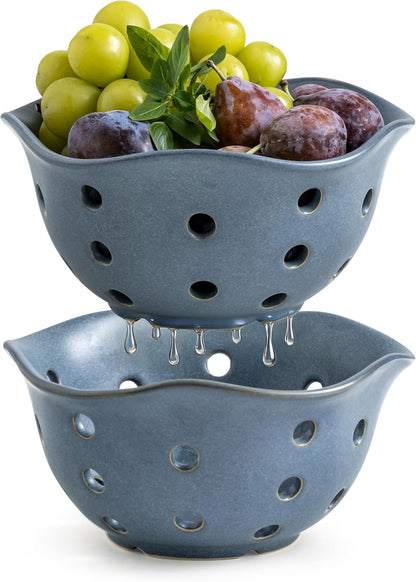 Gomakren Berry Bowls with Holes Ceramic, Berry Washing Bowl Basket Set of 2, 5.8 Inch Round Fruit Bowl Storage Containers, Strawberry Baskets, Farmhouse Kitchen Decor, Yellow + Brown