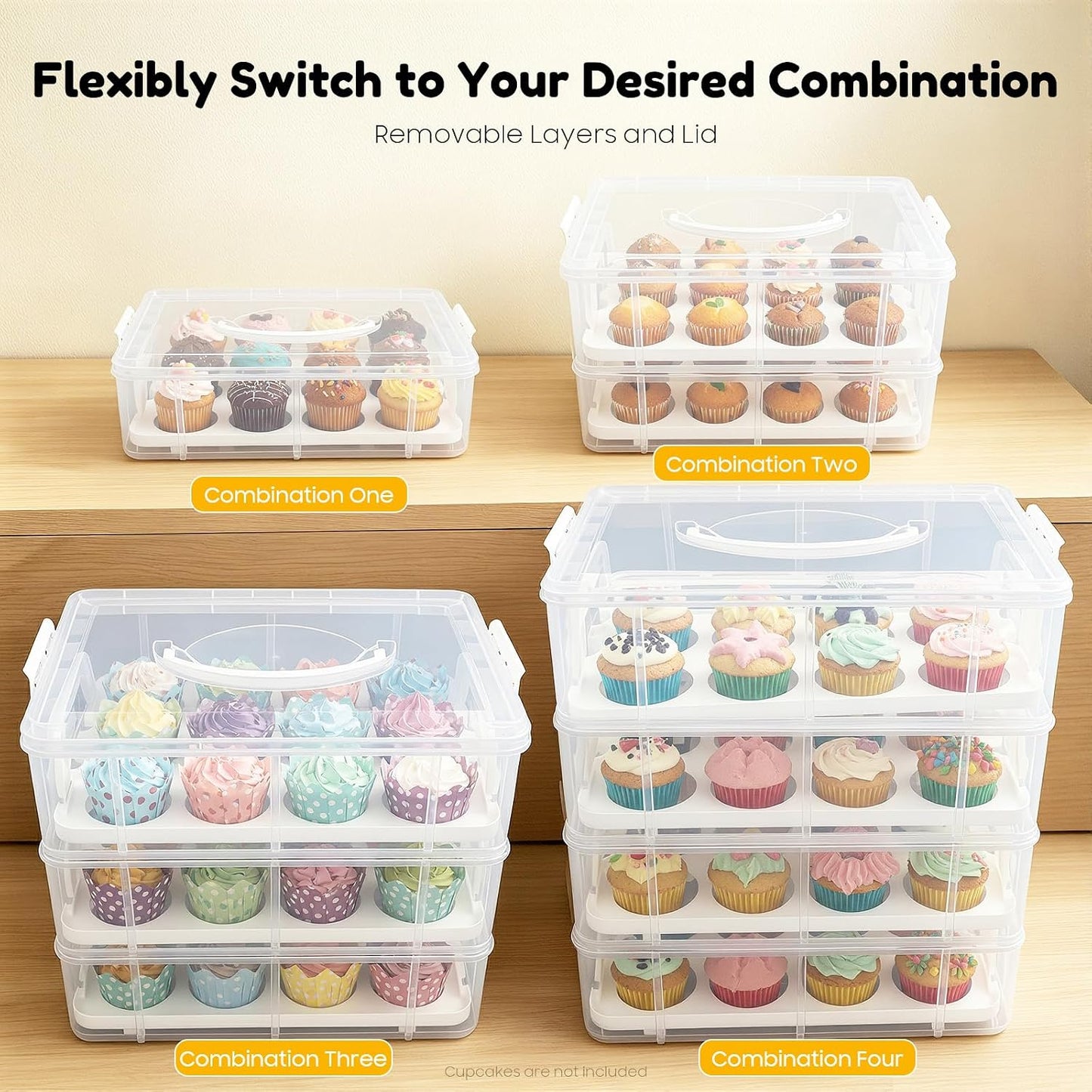 4 Tier Plastic Cupcake Carrier, 48 Count Cupcake Holder Cake Container with Lid and Handle, Reusable Rectangular Dessert Travel Container, Collapsible Cake Carrier for Party, Clear White