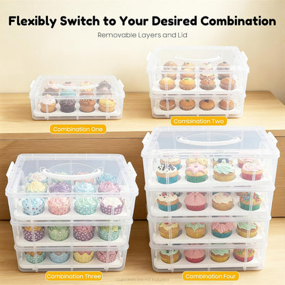 4 Tier Plastic Cupcake Carrier, 48 Count Cupcake Holder Cake Container with Lid and Handle, Reusable Rectangular Dessert Travel Container, Collapsible Cake Carrier for Party, Clear White
