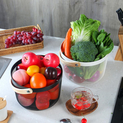 IBWell Bucket-Shape Metal Wire Woven Fruit Storage Bowl Basket with Wooden Handle, Large Black Mesh Fruit Stand, Multi-function Hanging Kitchen Baskets (Blue Grey)