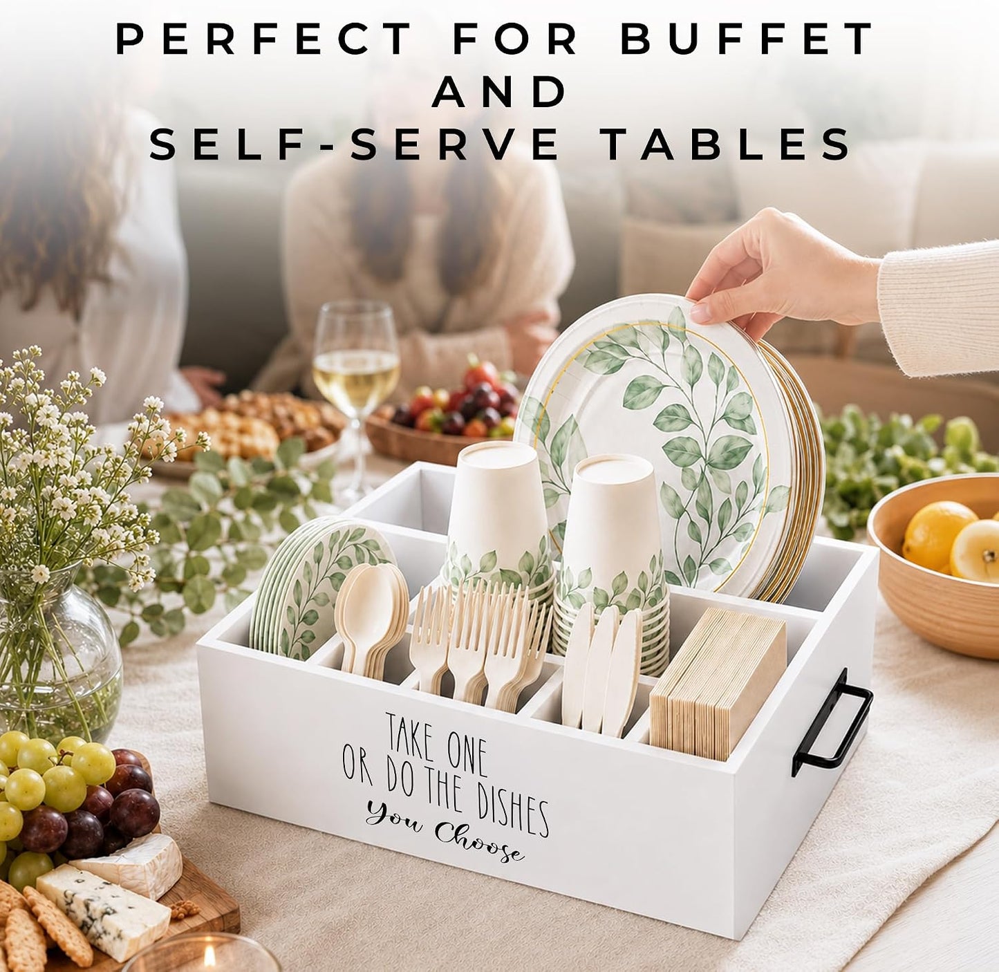 Paper Plate Holder, Plastic Silverware Caddy, Plastic Utensil Dispenser for Party Buffet Camping BBQ, Disposable Spoon Fork Knives Dish Cup Napkin Storage Organizer for Kitchen Counter (White)